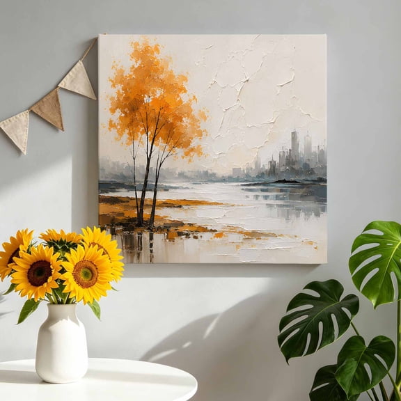 Amber Gold Trees Canvas Wall Art, Rustic Mountains Lake Reflection Landscape Framed Canvas Wall Decor Picture Print Artwork Decorations for Living Room Office Ready to Hang 12" x 12"