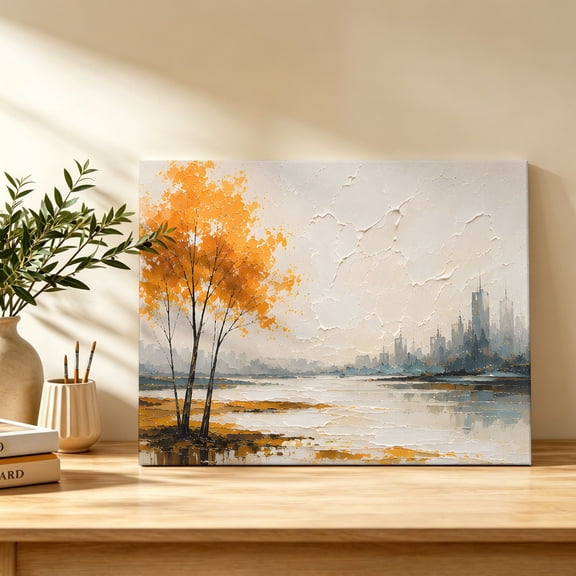 Amber Gold Trees Canvas Wall Art, Rustic Mountains Lake Reflection Landscape Wall Art Prints Artwork Framed Canvas Ready to Hang Art Pictures for Bathroom Bedroom Entry Desk Corner 10" x 8"