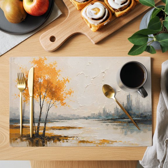 Amber Gold Trees Placemats Set of 1 Rustic Mountains Lake Reflection Landscape Heat Insulation Washable Place Mats, Non-Slip Table Mats for Dining Table Party Kitchen Decor, 13x19 Inch