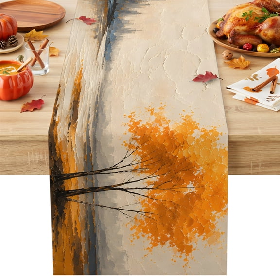 Amber Gold Trees Table Runner 13x120 Inch Rustic Mountains Lake Reflection Landscape Cotton Linen Dining Table Runner Ideal for Dresser Kitchen Coffee Tables - Machine Washable