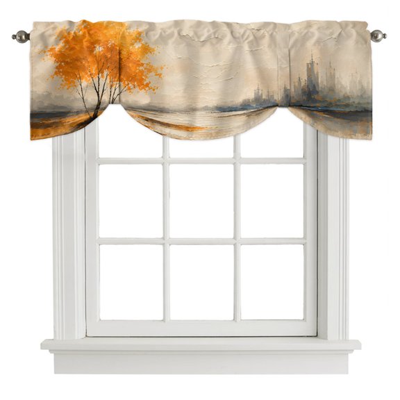 Amber Gold Trees Tie Up Valances Curtain, Rustic Mountains Lake Reflection Landscape Adjustable Valance for Window Light Filtering for Kitchen and Bathroom Rod Pocket 1 Panel 60x18in