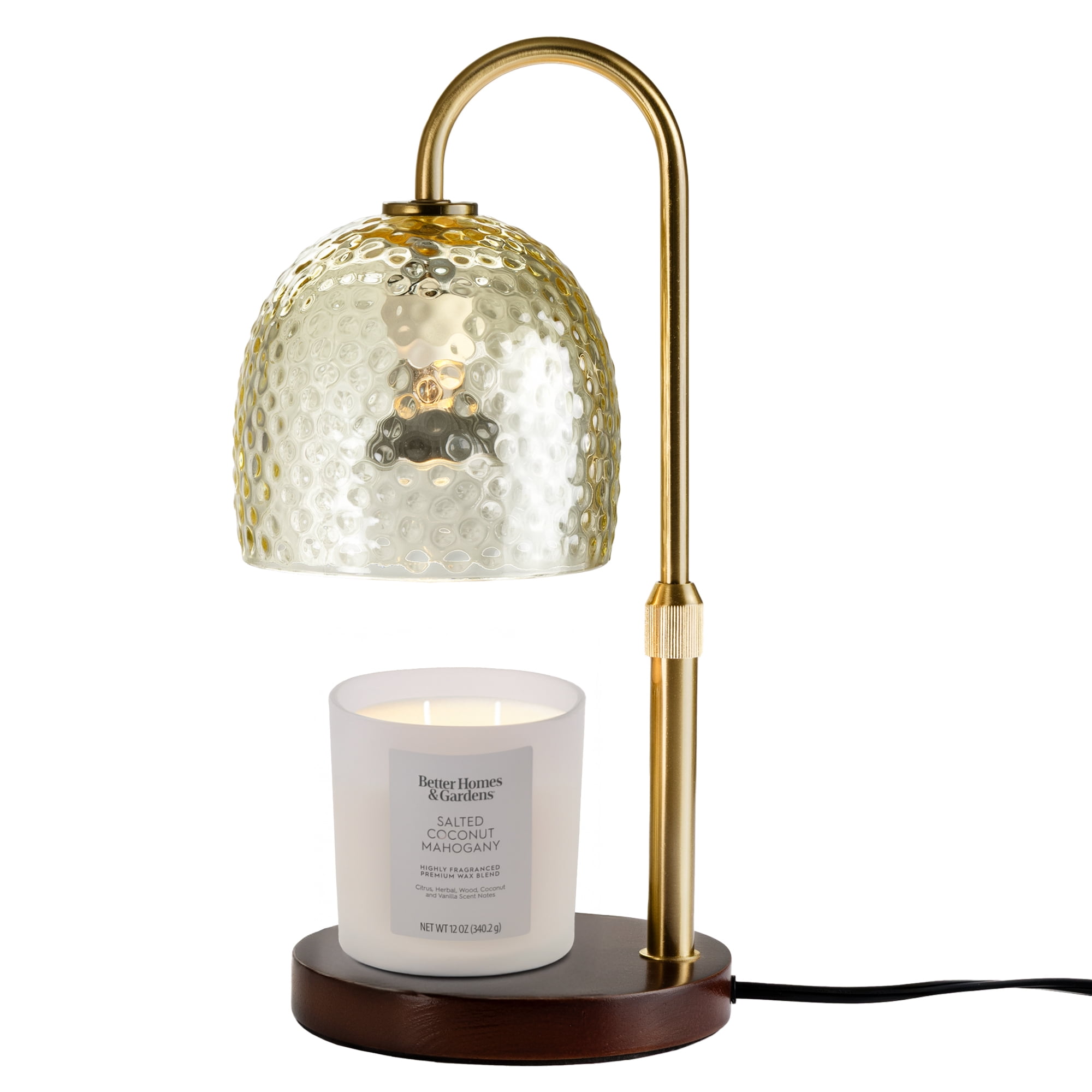 Better Homes & Gardens Amber Hammered Glass Candle Warmer Lamp with Adjustable Height & Dark Wood Base