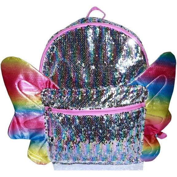 Amber Home Goods Sequin Butterfly Full Size Deluxe School Bag or Travel Backpack, Polyester, Yellow