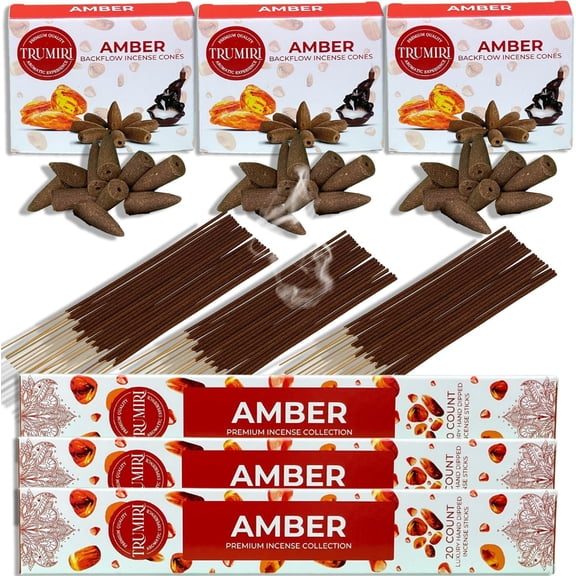 Amber Incense Sticks & Backflow Incense Cones for Waterfall Combo Pack - 60 Insence-Sticks + 30 Backflow Cones - Insents - Incense Waterfall Cones - Inscense