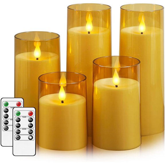 Amber LED Flameless Pillar Candles Battery Operated with Remote Timer, 5 Pack 3D Flickering Acrylic Candles for Home Living Room Bedroom Fireplace Wedding Party Holiday Decor & Gift