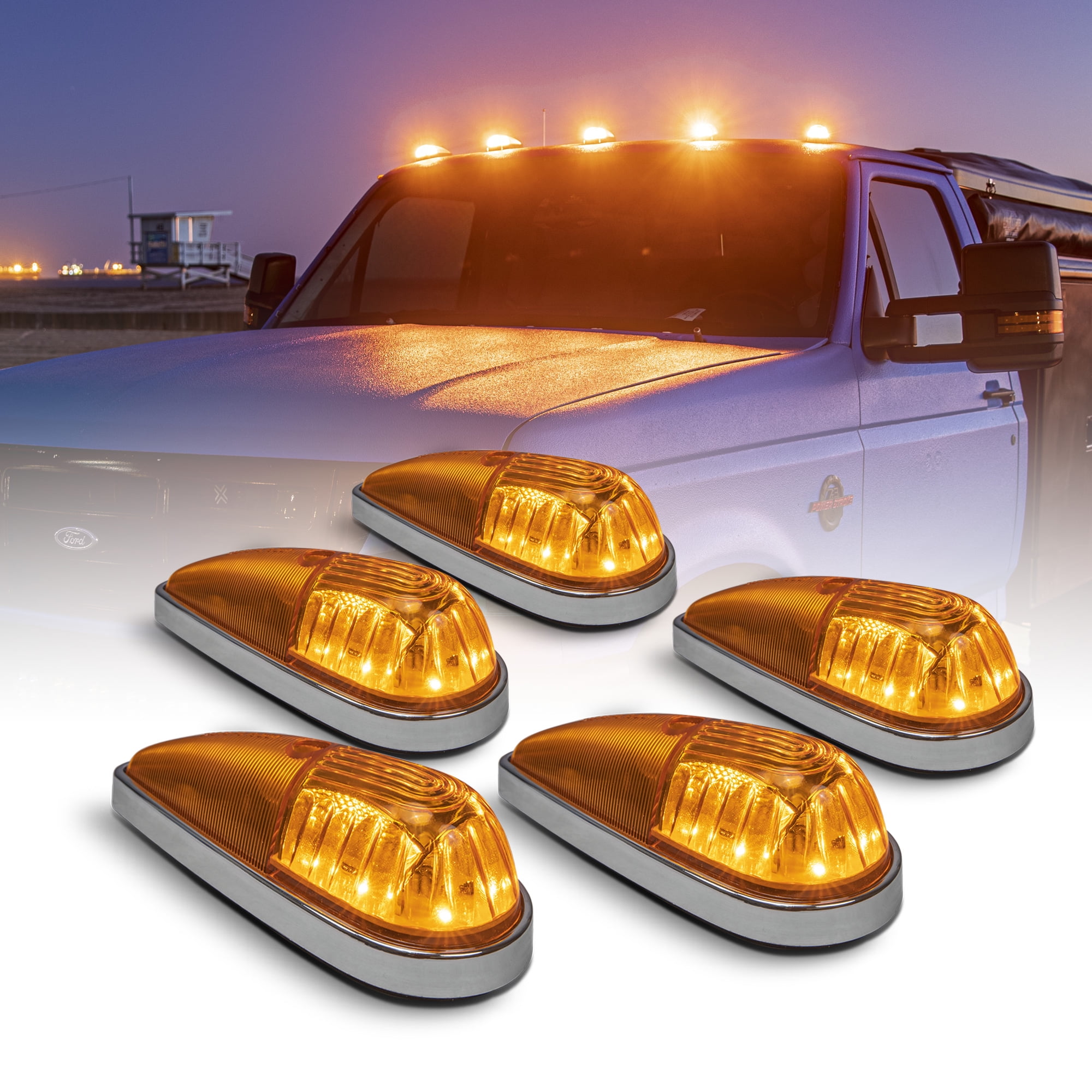 Amber LED Teardrop Cab Marker Lights Kit [Chrome Base] [DOT FMVSS 108