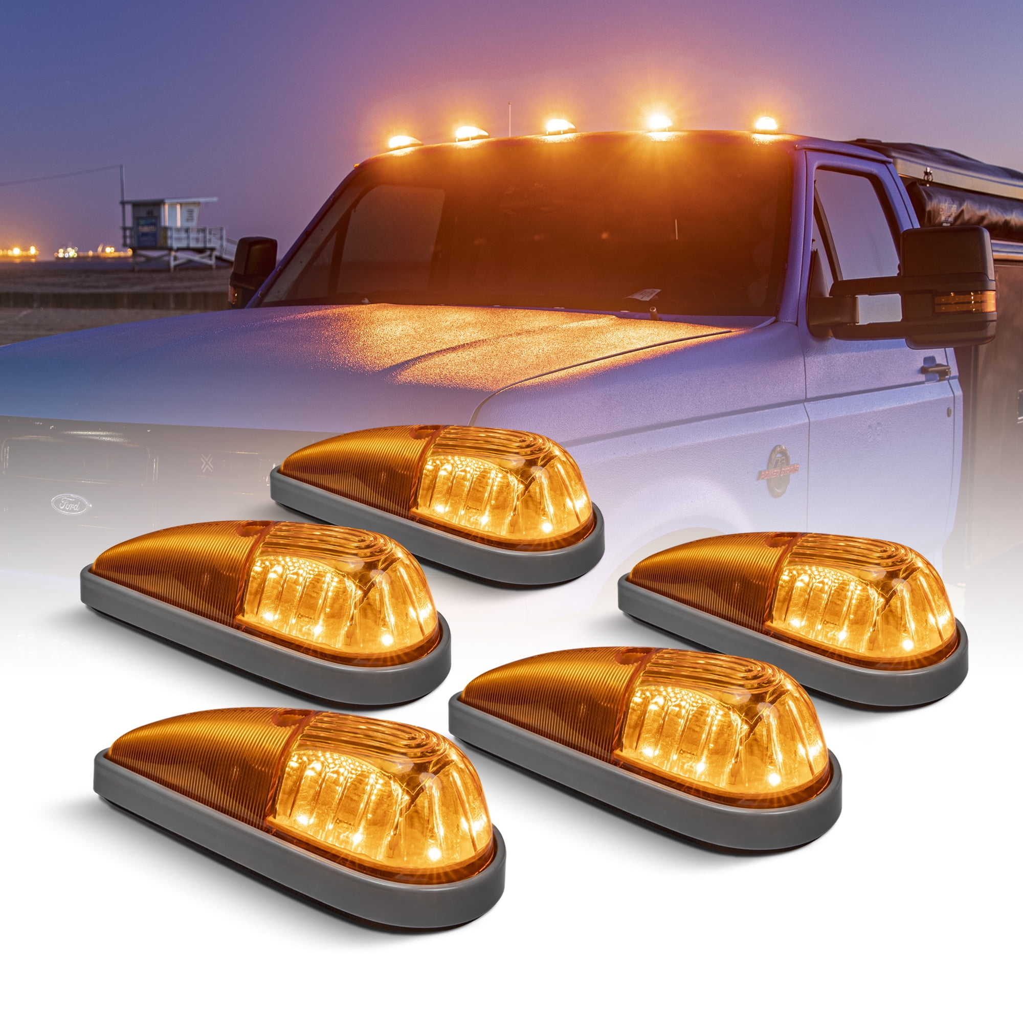 Amber LED Teardrop Cab Marker Lights Kit [Gray Base] [DOT FMVSS 108] [SAE  P2PC] [Universal Fit] Teardrop Cab Lights for Truck RV Van Ford F250 F350 