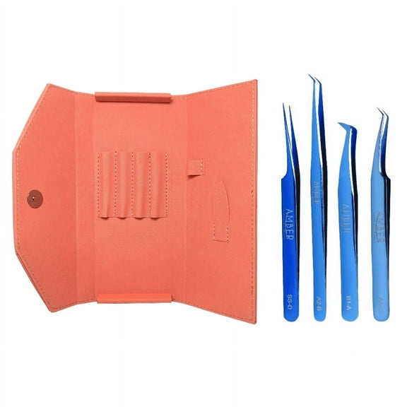 Amber Lash Blue 4 Tweezers Set with Tweezer Case for Eyelash Extension