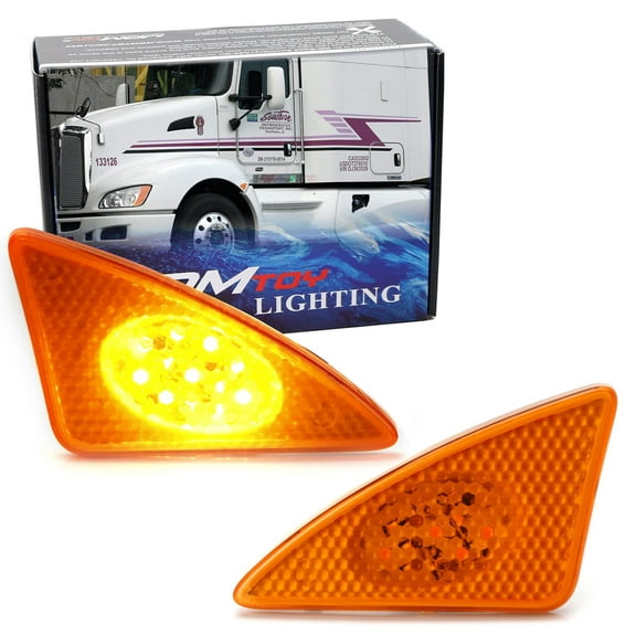 Amber Lens Full Amber LED Front Cab Flare Side Marker Turn Signal Light Assemblies For 2008-2017 Kenworth T660 T170 T270 T370 Semi-Truck (One Pair)