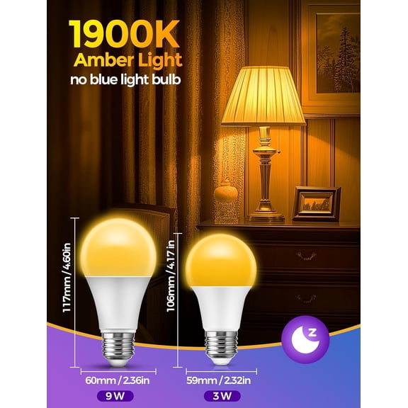 Amber Light Bulbs for Healthy Sleep, 3W Warm Light Bulbs Blue Light Blocking, Low Watt Light Bulbs 40W Equivalent, E26 A19 Dim Light Bulbs for Lamp, Bderoom, Mood Soothing, Nursery, 2 Pack