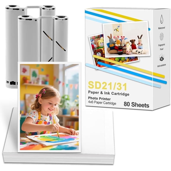 Amber M100/M200 4x6 Photo Printer Ink Cartridge and Photo Paper (SD21/SD31) Compatible for Liene DHP512/DHP513 Photo Printers (80 Sheets & 2 Cartridges Refill)