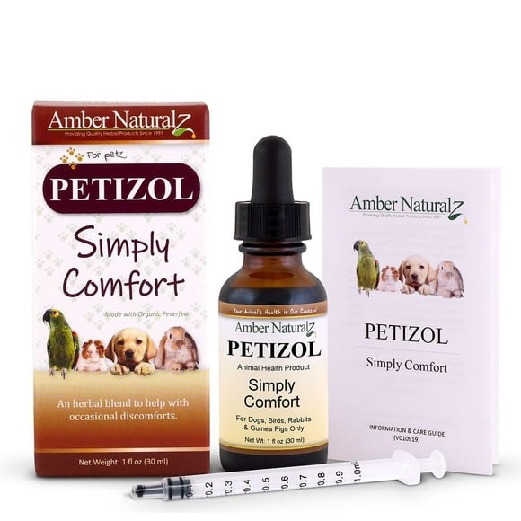 Amber NaturalZ Petizol Simply Comfort Herbal Supplement for Dogs, Birds, Guinea Pigs, and Rabbits | For Muscle Health and Nerve Support | 1 Fluid Ounce Glass Bottle | Made In the USA