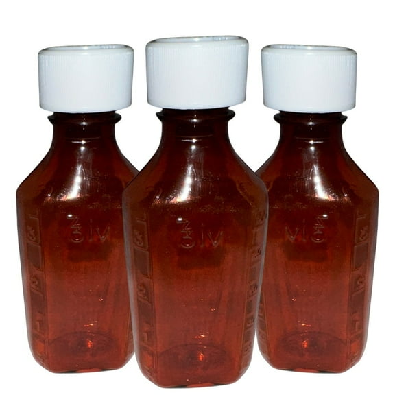 Amber Oval Bottle 4oz Graduated with Measurements and Child Proof Cap 3PCK