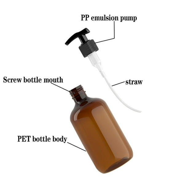 Amber PET Plastic Empty Bottle with Black Screw Cap, Round Shoulder Container for Liquids Storage, Recyclable 300ml Bottle (Brown)