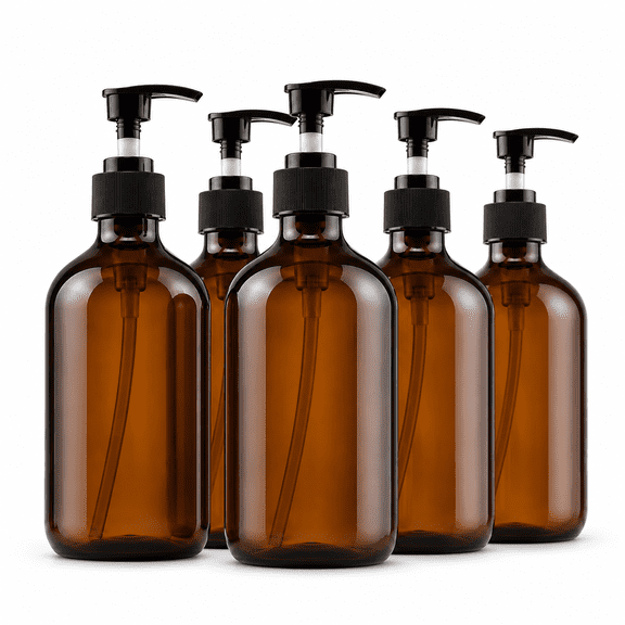 6 pack 500ml Amber PET Plastic Pump Bottle, Empty Lotion Dispenser Bottle with Pump, Refillable Soap Shampoo Conditioner Container for Bathroom Kitchen