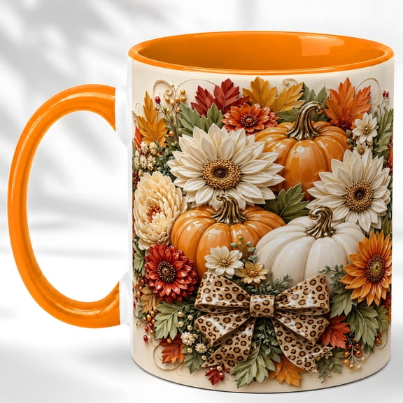 Amber Pumpkin Coffee Mug, Autumn Leaf Mug, Ceramic 11 oz