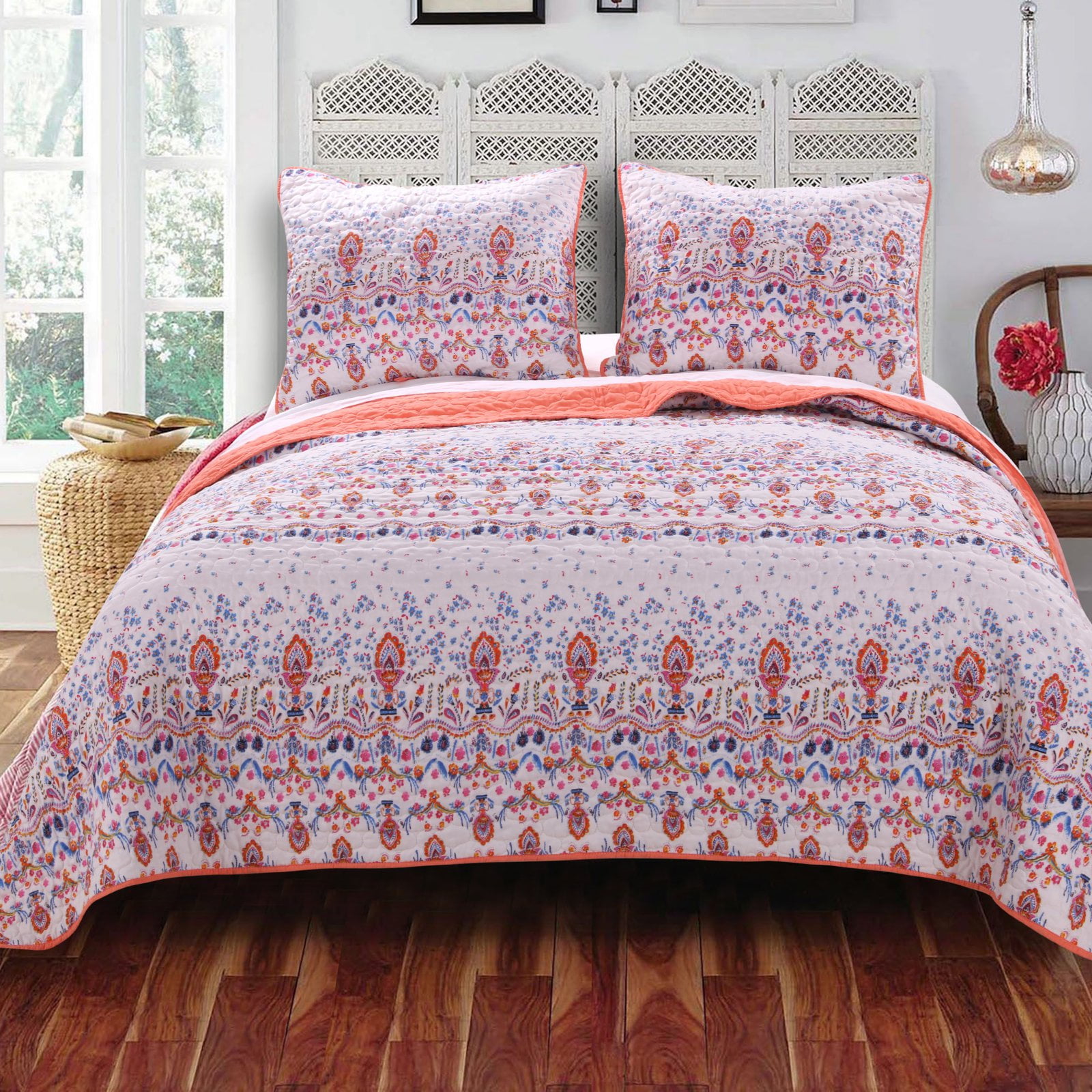 King Size Blue and Coral Microfiber Reversible Quilt Set