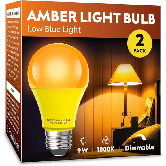 Amber Sleep Light Bulb 2 PackDimmable 1800K Warm Light Bulbs for Healthy Sleep,Blue Light Blocking,A19 9W(60W Equivalent) E26 Base Amber Light Bulbs for Bedroom, Baby Nursery Room