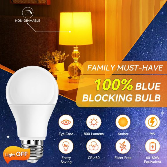 Amber Sleep Light Bulbs 1800K 4PK, 9W 60 Watt Equivalent, 99.96% Blue Blocking Soft Warm Light Bulbs A19, Amber Night Light E26 for Bedroom and Baby Nursery Light