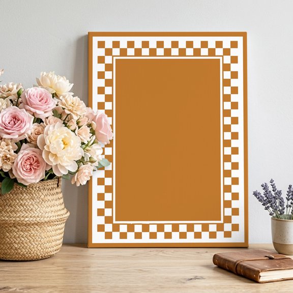 Amber Square Canvas Wall Art, Graphic Retro Orange White Checkered Border Framed Canvas Wall Decor Picture Print Artwork Decorations for Living Room Office Ready to Hang 14" x 11"