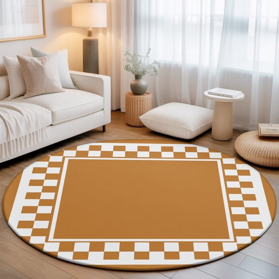 Amber Square Large Round Rug 7Ft Graphic Retro Orange White Checkered Border Circle Area Rugs Washable Non Slip Indoor Floor Mats Carpet for Living Room Bedroom Dining Room Home Decor