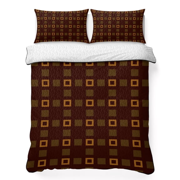 Amber Squares 3 Piece Quilt Bedding Set with 2 Pillow Shams, Minimalist Grid Brown Lightweight Bedspread Coverlet, Soft Breathable All Season Quilt, 79 x 90 Inch