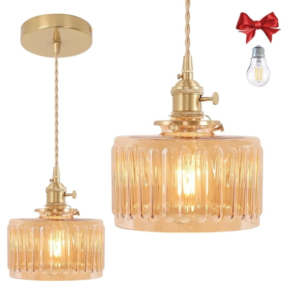 Amber Striped Glass Pendant Light, 1 Natural Light Bulb Included, Adjustable Cord with Switch, Suitable for Kitchen Island/Dining Room
