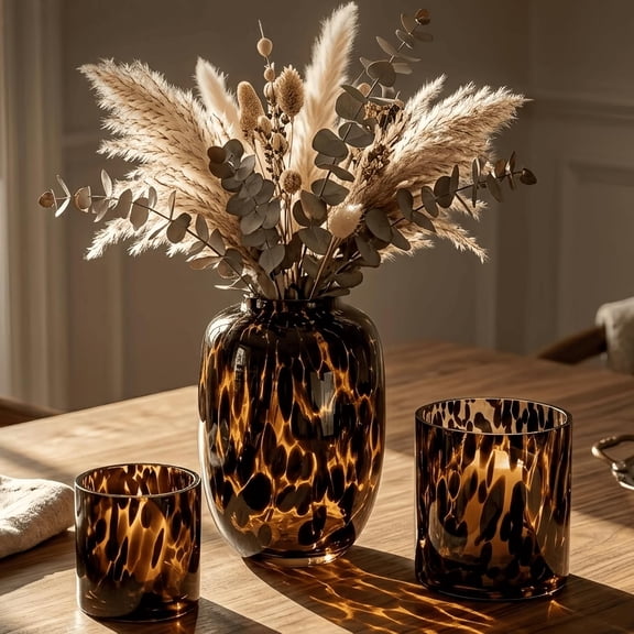 Amber Tortoise Shell Glass Vase & Candle Holder Set of 3, Hand Blown Farmhouse Centerpiece Decor, Vintage Warm Home Decor for Dining Table, Coffee Table, Wedding, Fall