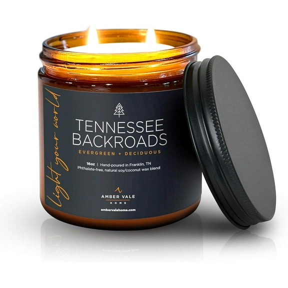 Amber Vale Home Tennessee BACKROADS, Evergreen and Deciduous Pine Scented Natural Soy and Coconut Wax Candle, Phthalate Free, Non-Toxic and Healthy Clean Burning, 16oz Jar
