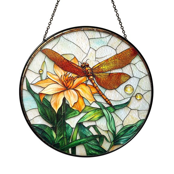 Amber Winged Dragonfly And Orange Lily Suncatcher Round Ornament Sun