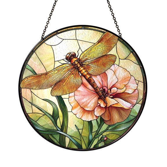 Amber Winged Dragonfly And Pink Carnation Suncatcher Round Panel Decor