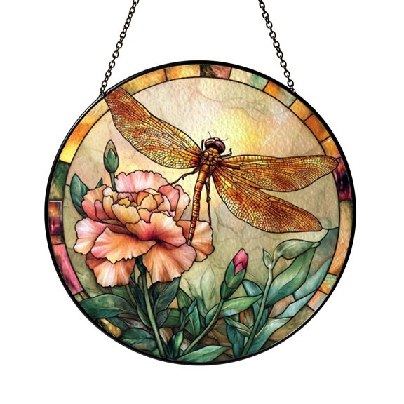 Amber Winged Dragonfly And Pink Carnation Suncatcher Round Panel Glass