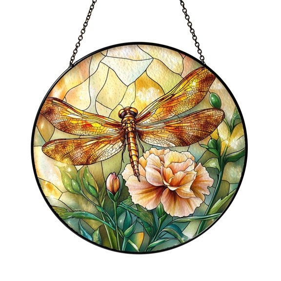 Amber Winged Dragonfly And Pink Carnation Suncatcher Round Panel Sun