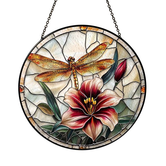 Amber Winged Dragonfly And Red Amaryllis Suncatcher Circle Plaque Decor