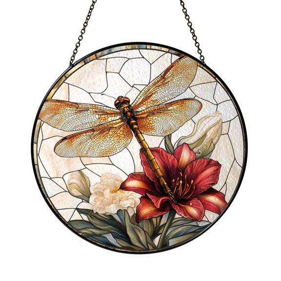 Amber Winged Dragonfly And Red Amaryllis Suncatcher Circle Plaque Glass