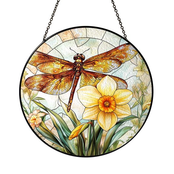 Amber Winged Dragonfly And Yellow Daffodil Suncatcher Wall Plaque Decor
