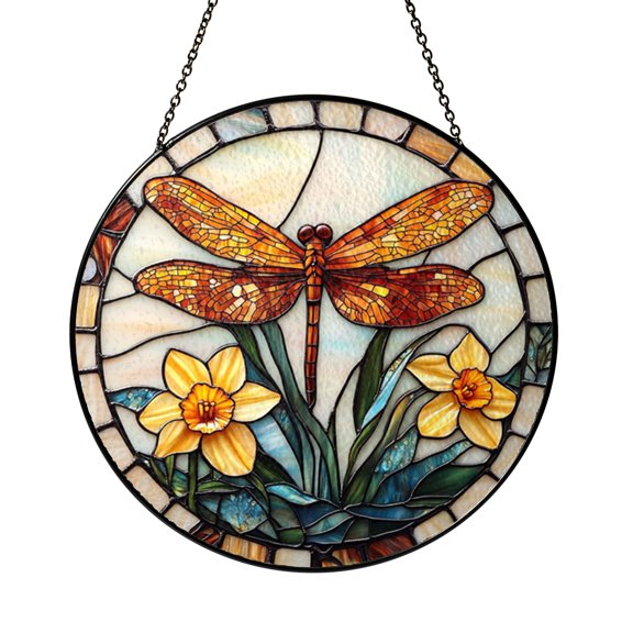 Amber Winged Dragonfly And Yellow Daffodil Suncatcher Wall Plaque Glass