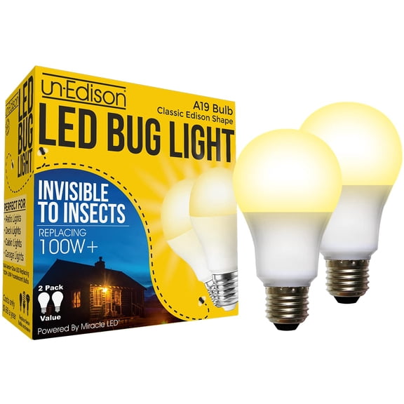 Amber Yellow LED Bug Light - 100W Equivalent E26 Medium Outdoor Bulb 2-Pack
