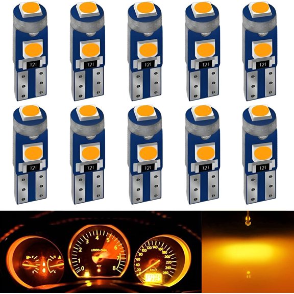 Amber Yellow T5 37 74 2721 PC74 PC37 LED Bulb, 3030 Chips Super Bright 12 Volt Replacements, Interior Dome Map Dashboard Indicator Instrument Panel Gauge Cluster Lamp Lights (Pack of 10)