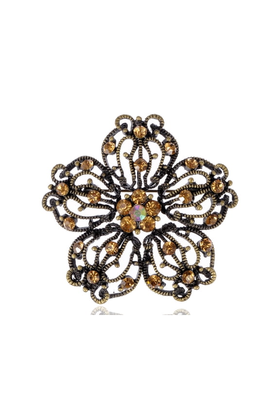 Amber Yellow Topaz Copper Toned Floral Flower Petal Costume Jewelry Brooch Pin