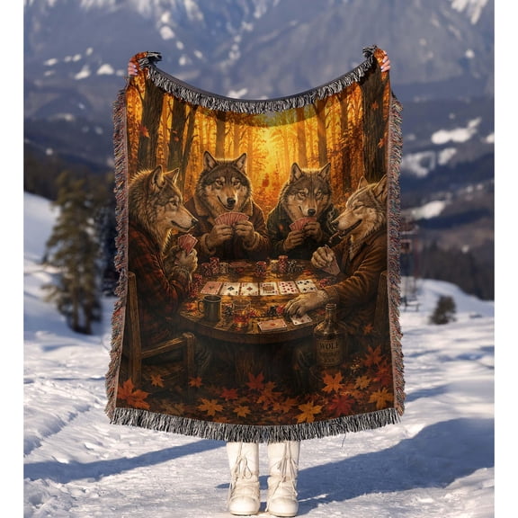 Amber and Brown Wolves Playing Poker Woven Throw Blanket, 100% Cotton, Rustic Autumn Forest Scene for Cabin