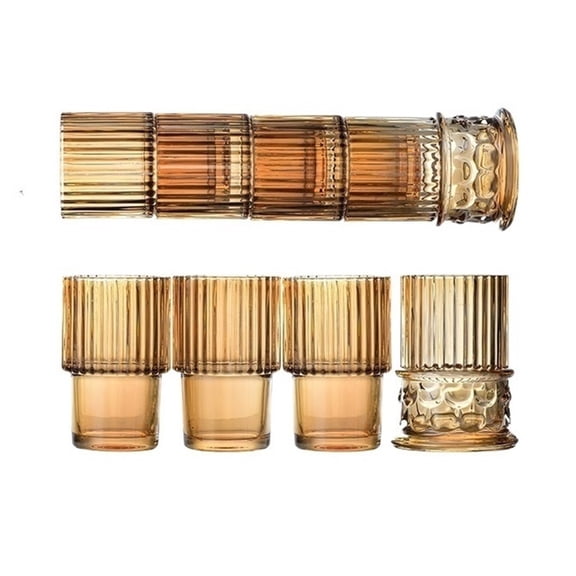 Amber-colored Drinking Glass Set of 4, Roman Column-shaped Stackable Embossed Glass Cups