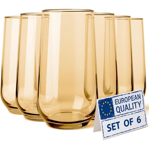 Amber drinking glass set, 6 pieces | Semi-transparent yellow glassware | 16-ounce amber glass cups | Highball cocktail drinking ware, suitable for cocktails, long drinks, mojitos, juice, soda water |
