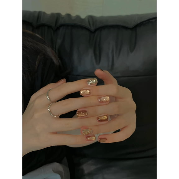 Amber ins white pure handmade wear nail brown gold medieval old money wind cat eye short nail patch fake nail