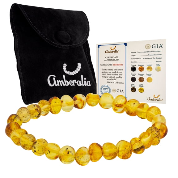 Amberalia Elastic Baltic Amber adult bracelet, GIA Certificated Amber, for natural remedies and pain relief Light Green 7"