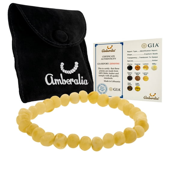 Amberalia Elastic Baltic Amber adult bracelet, GIA Certificated Amber, for natural remedies and pain relief Polish Milky 8"