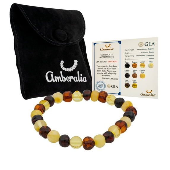 Amberalia Elastic Baltic Amber adult bracelet, GIA Certificated Amber, for natural remedies and pain relief Polish Multicolor 8”