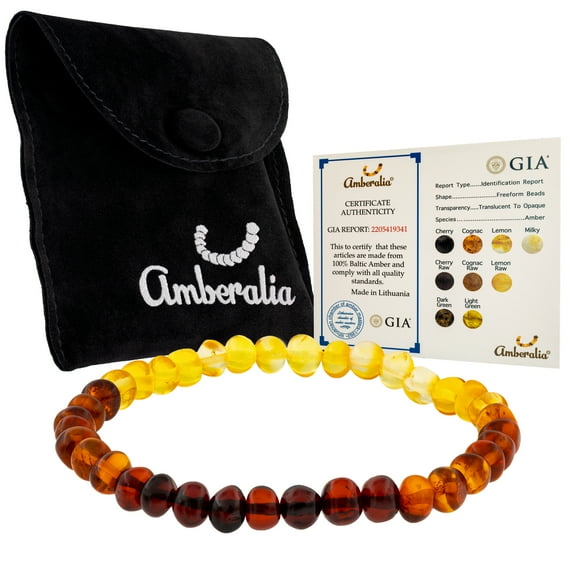 Amberalia Elastic Baltic Amber adult bracelet, GIA Certificated Amber, for natural remedies and pain relief Polish Rainbow 7”