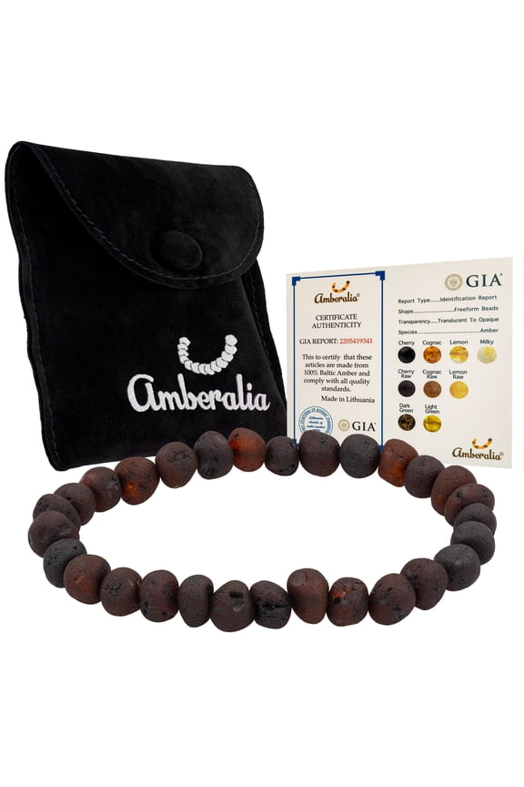 Elastic Baltic Amber adult bracelet, GIA Certificated Amber, for natural remedies and pain relief Raw Cherry 8”