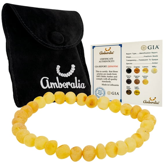 Amberalia Elastic Baltic Amber adult bracelet, GIA Certificated Amber, for natural remedies and pain relief Raw Lemon 8”